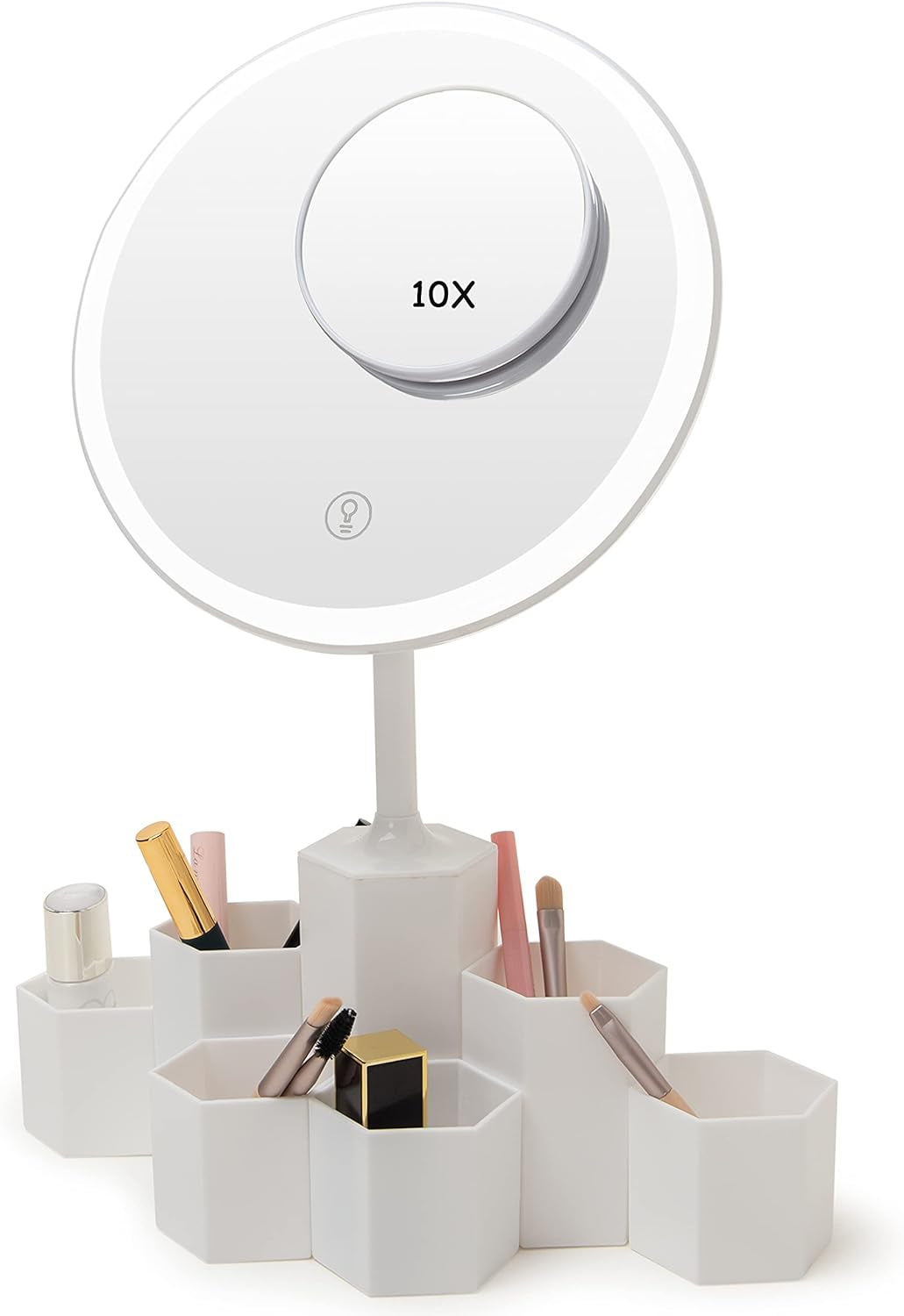 Lighted Table Makeup Mirror with LED Lights, Portable Vanity Desk Mirror with 10X Magnifying,Rechargeable Smart Cosmetic Mirror,White