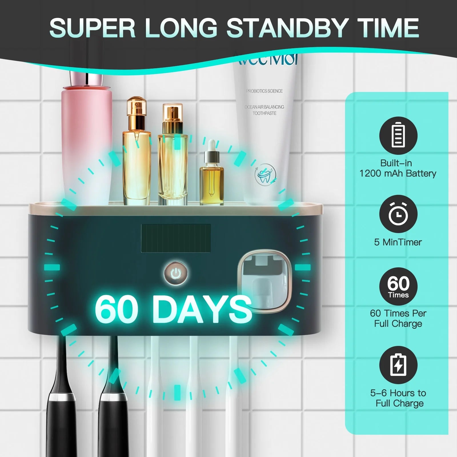 UV Toothbrush Holder for Bathrooms,5-Slot Wall Mount Toothbrush Sanitizer & Timing Function Wall Mounted with Toothpaste Dispenser for Electric / Regular Toothbrush