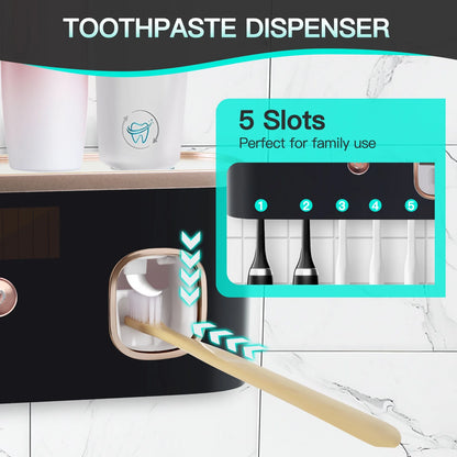 UV Toothbrush Holder for Bathrooms,5-Slot Wall Mount Toothbrush Sanitizer &amp; Timing Function Wall Mounted with Toothpaste Dispenser for Electric / Regular Toothbrush
