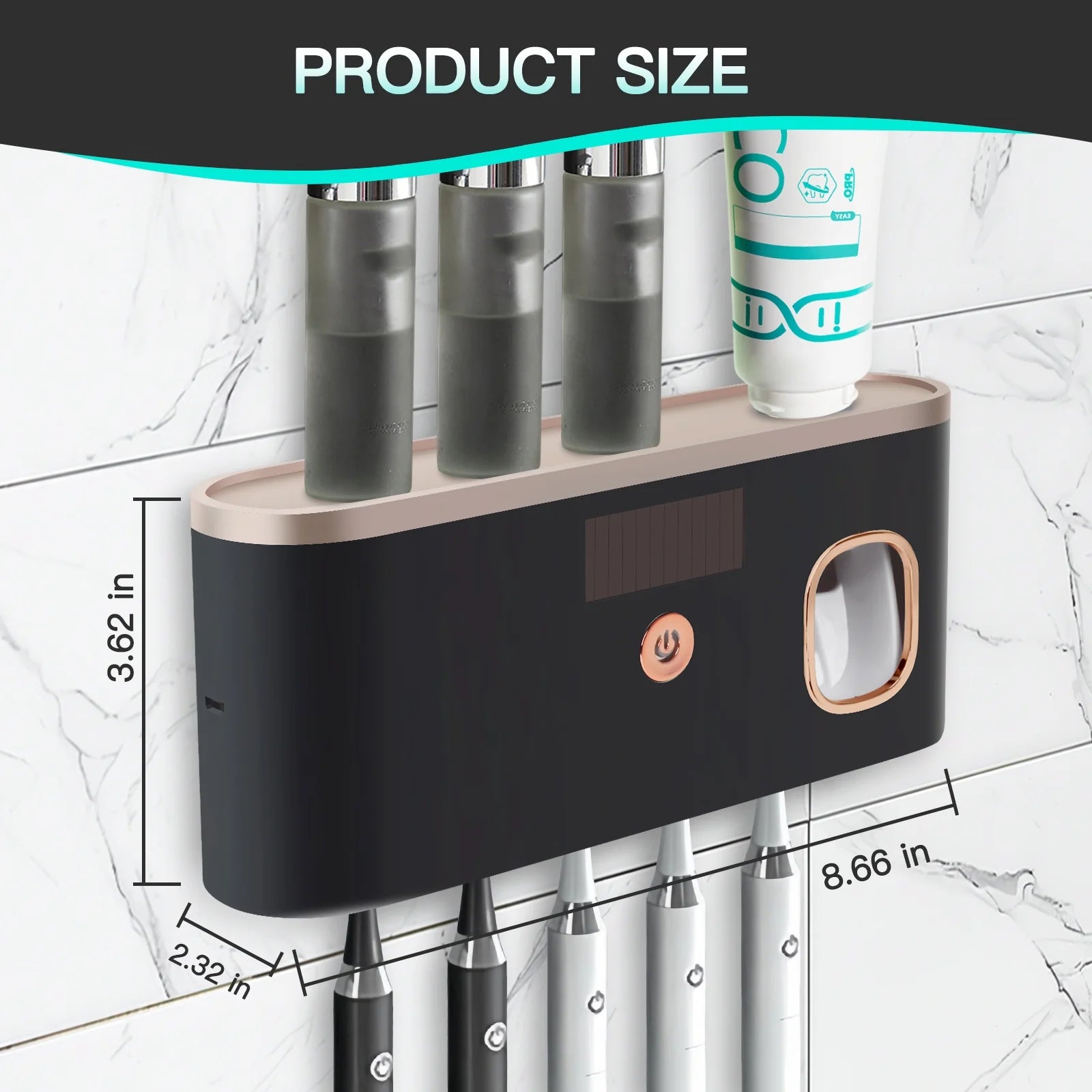 UV Toothbrush Holder for Bathrooms,5-Slot Wall Mount Toothbrush Sanitizer &amp; Timing Function Wall Mounted with Toothpaste Dispenser for Electric / Regular Toothbrush