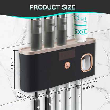 UV Toothbrush Holder for Bathrooms,5-Slot Wall Mount Toothbrush Sanitizer &amp; Timing Function Wall Mounted with Toothpaste Dispenser for Electric / Regular Toothbrush