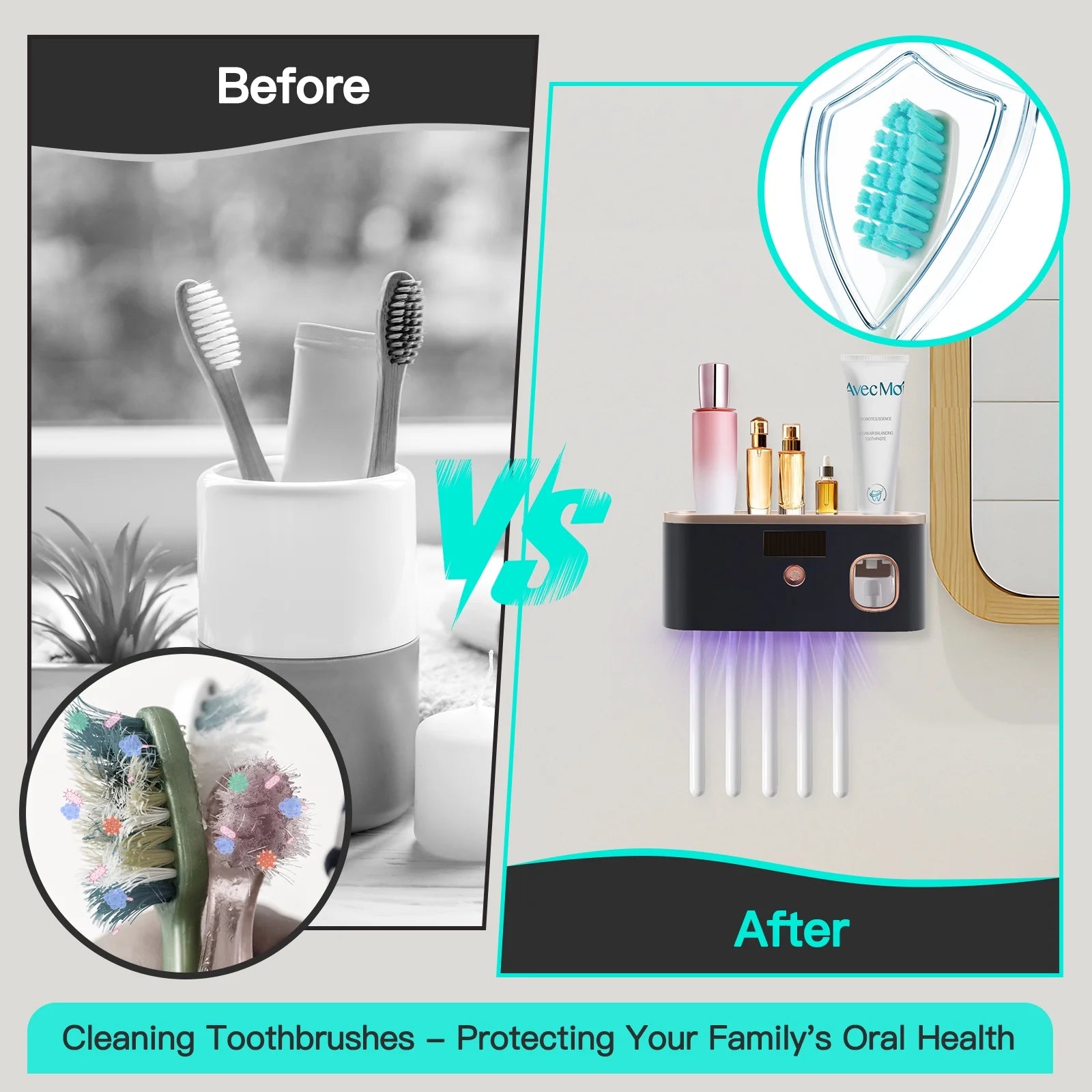 UV Toothbrush Holder for Bathrooms,5-Slot Wall Mount Toothbrush Sanitizer &amp; Timing Function Wall Mounted with Toothpaste Dispenser for Electric / Regular Toothbrush