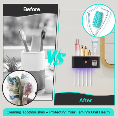 UV Toothbrush Holder for Bathrooms,5-Slot Wall Mount Toothbrush Sanitizer &amp; Timing Function Wall Mounted with Toothpaste Dispenser for Electric / Regular Toothbrush