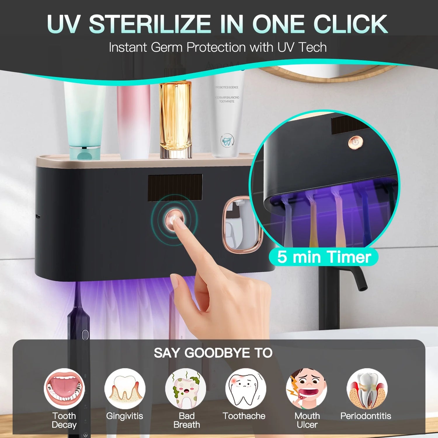 UV Toothbrush Holder for Bathrooms,5-Slot Wall Mount Toothbrush Sanitizer &amp; Timing Function Wall Mounted with Toothpaste Dispenser for Electric / Regular Toothbrush