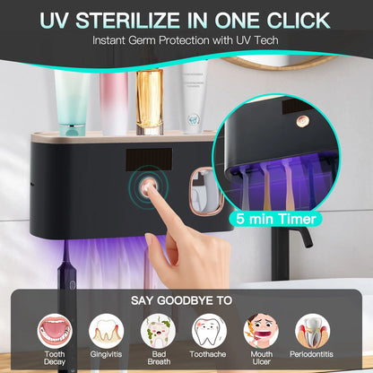 UV Toothbrush Holder for Bathrooms,5-Slot Wall Mount Toothbrush Sanitizer &amp; Timing Function Wall Mounted with Toothpaste Dispenser for Electric / Regular Toothbrush