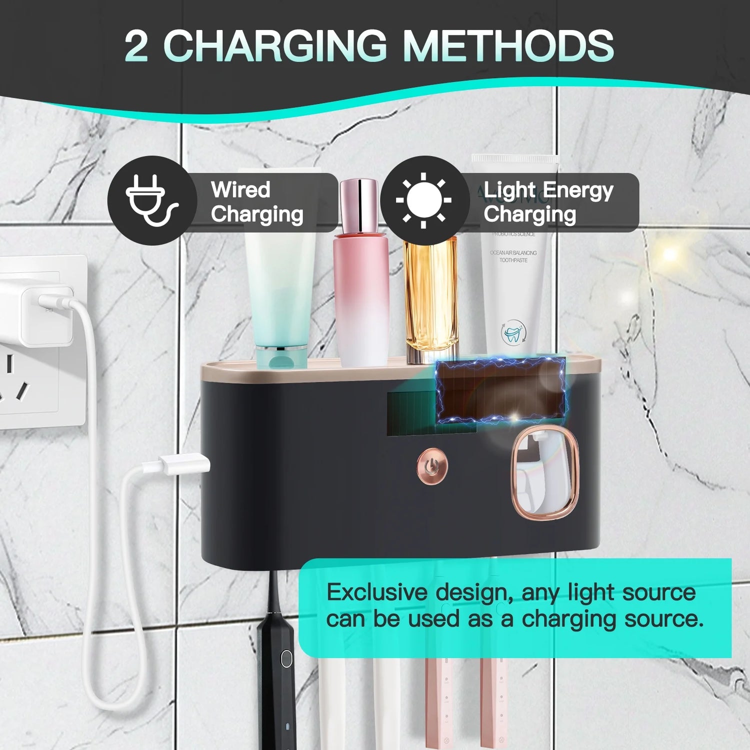 UV Toothbrush Holder for Bathrooms,5-Slot Wall Mount Toothbrush Sanitizer &amp; Timing Function Wall Mounted with Toothpaste Dispenser for Electric / Regular Toothbrush