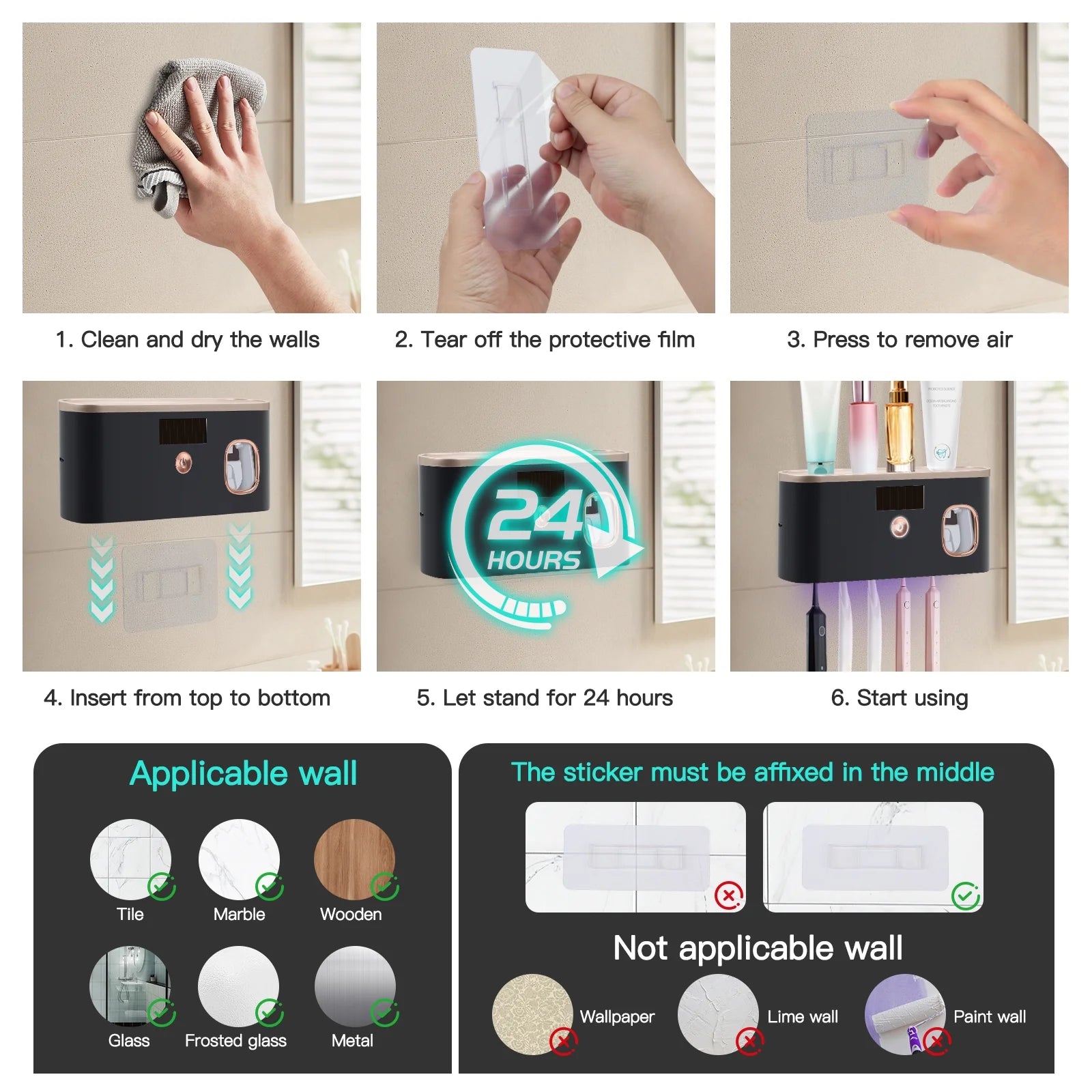 UV Toothbrush Holder for Bathrooms,5-Slot Wall Mount Toothbrush Sanitizer &amp; Timing Function Wall Mounted with Toothpaste Dispenser for Electric / Regular Toothbrush
