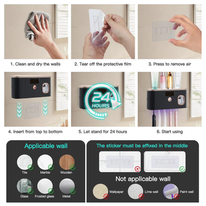 UV Toothbrush Holder for Bathrooms,5-Slot Wall Mount Toothbrush Sanitizer &amp; Timing Function Wall Mounted with Toothpaste Dispenser for Electric / Regular Toothbrush