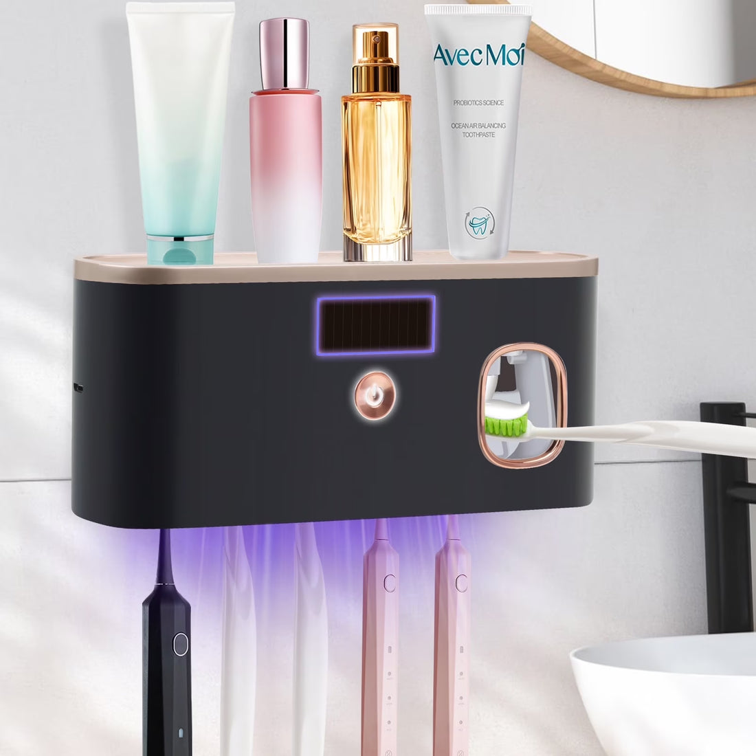 UV Toothbrush Holder for Bathrooms,5-Slot Wall Mount Toothbrush Sanitizer &amp; Timing Function Wall Mounted with Toothpaste Dispenser for Electric / Regular Toothbrush